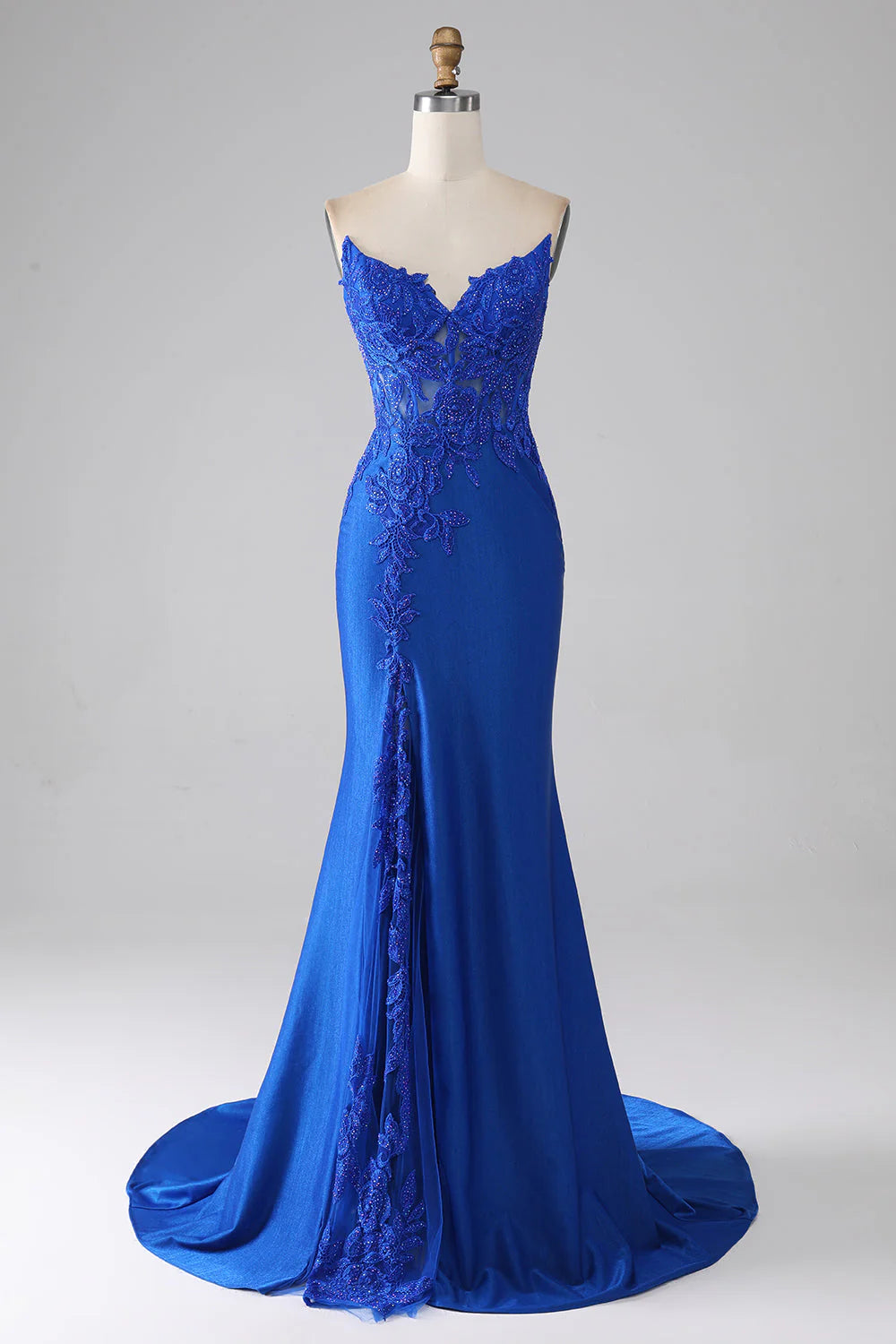 Vestido de fiesta largo de sirena sin tirantes con cuentas y apliques
